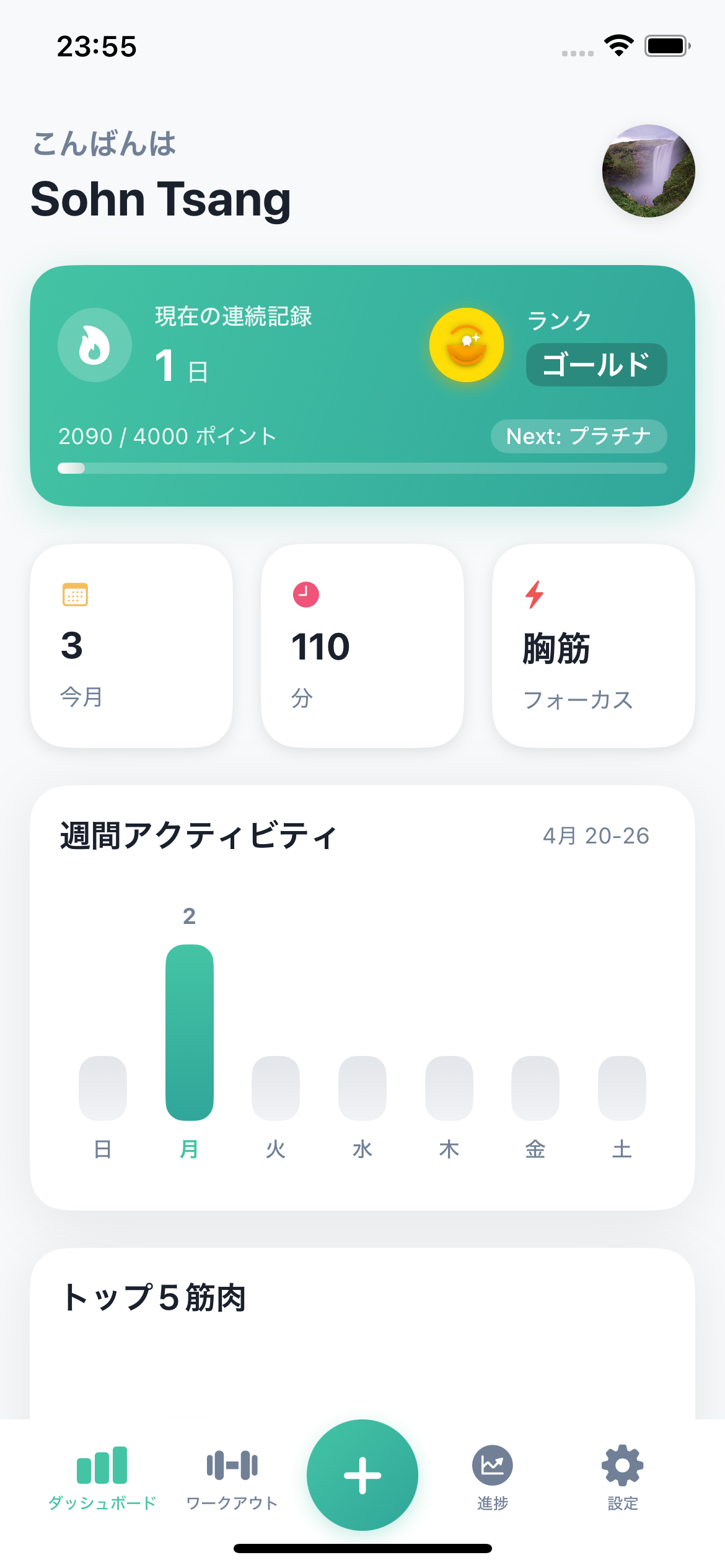 FitPulse iOS app showing workout tracking dashboard on iPhone