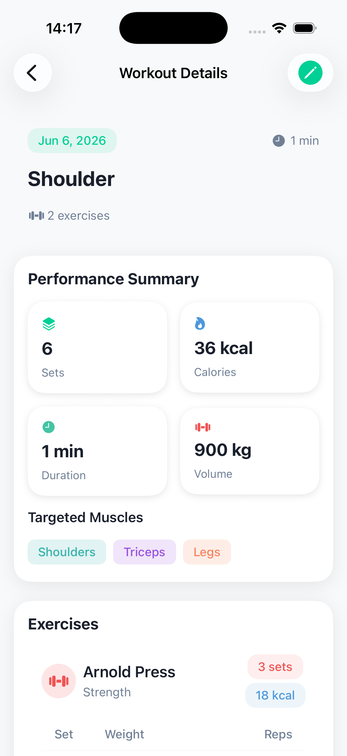 FitPulse workout overview screen